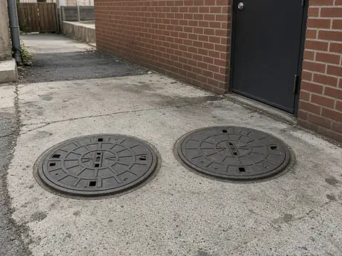 Two cast-iron grease interceptor lids in pavement behind a restaurant