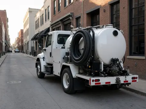 Unbranded vacuum pump truck parked in a downtown alley