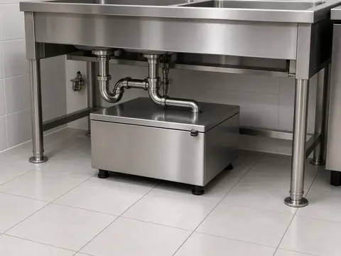 Stainless under-sink grease trap beneath a commercial sink