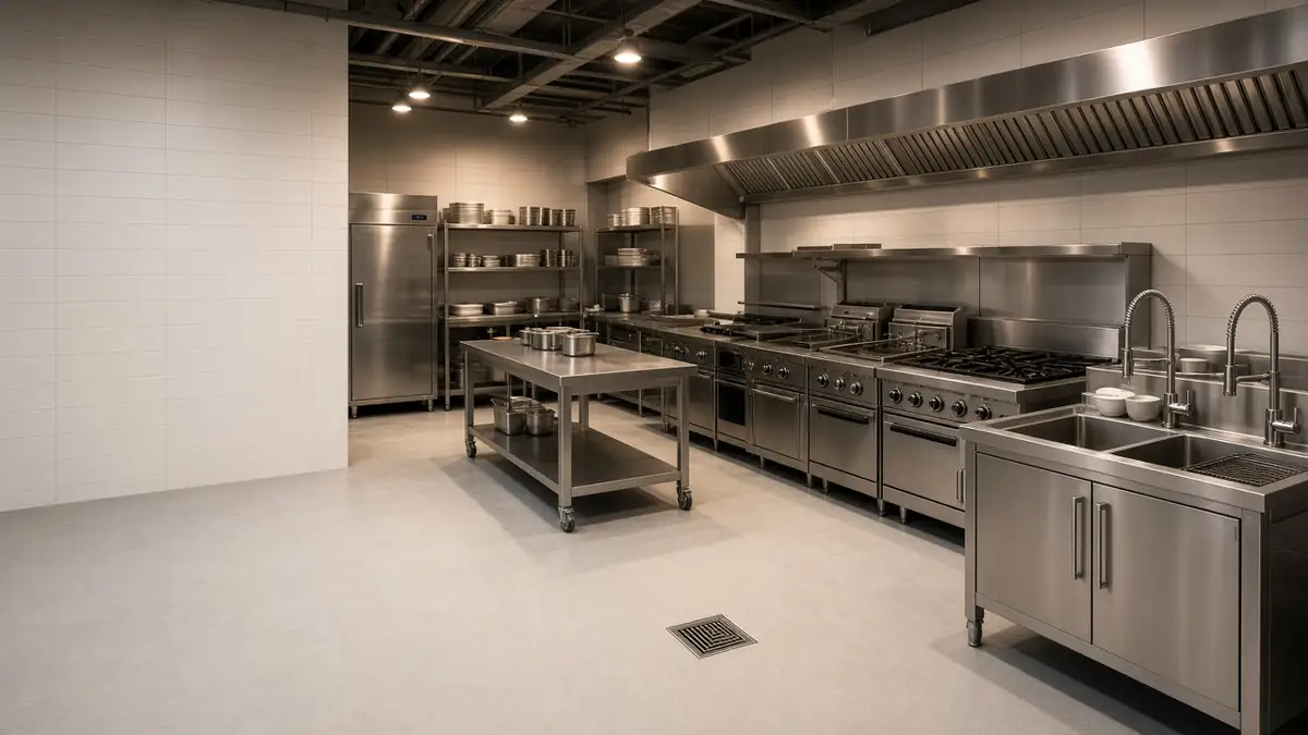 Clean stainless steel commercial restaurant kitchen